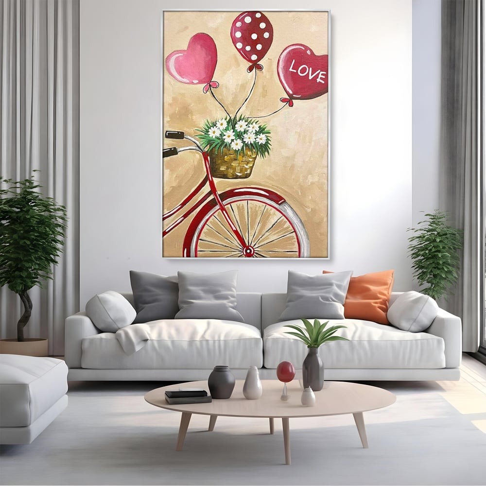 Tablou canvas cu pictura cu bicicleta vintage si baloane, in rama de aluminiu argintiu, pe perete intr-un living